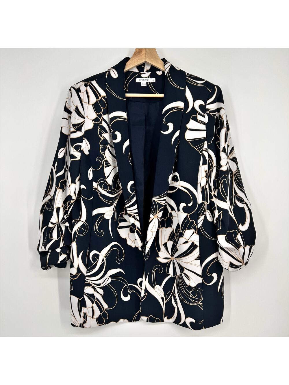 Chicos Open Blazer Jacket Womens US 12 / 2 Navy Blue Floral Ruched  3/4 Sleeve